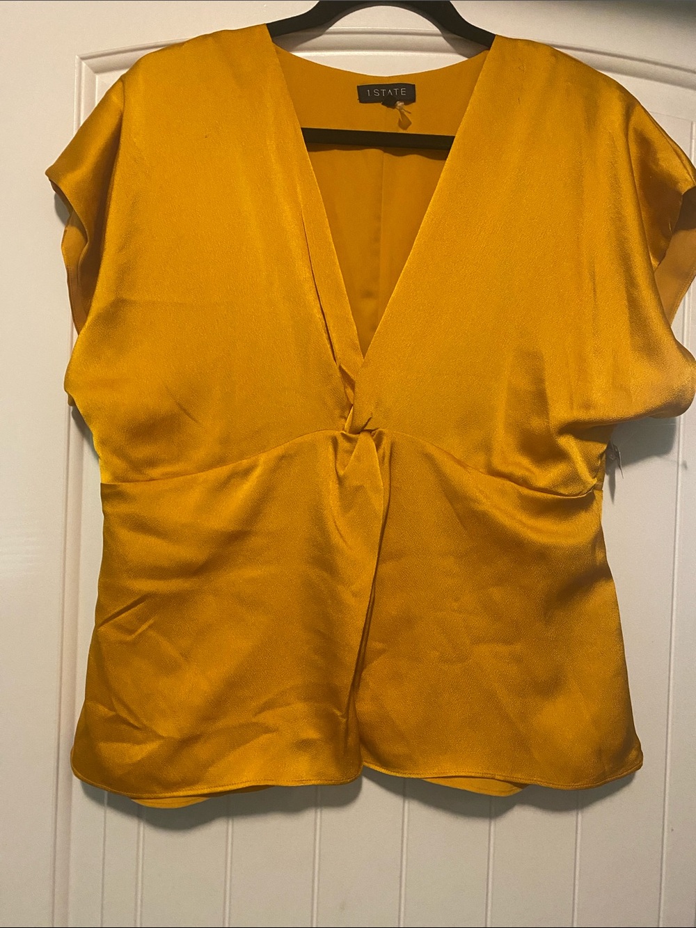 1. State Satin V-Neck Twist Front Top in Mustard